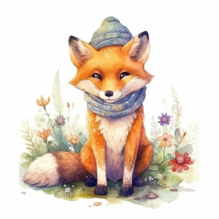 Cute fox in a scarf and hat. watercolor illustration.の素材
