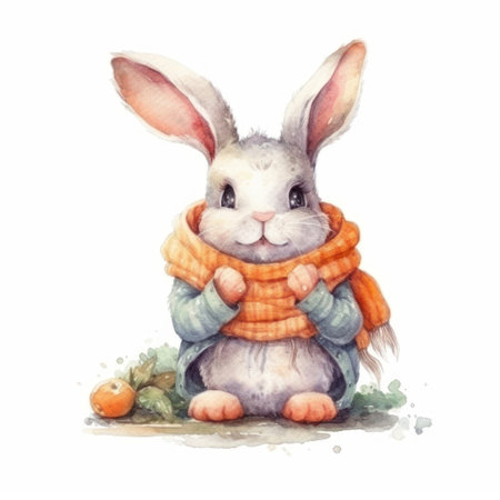 Hand drawn watercolor illustration of a cute little rabbit in a scarf.の素材