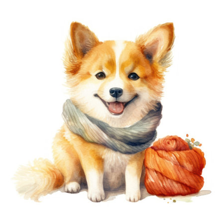 Pembroke Welsh Corgi dog with scarf and ball of yarn. watercolor illustration on white backgroundの素材
