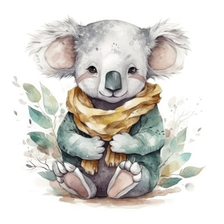 Watercolor illustration of a cute koala in a scarf on a white backgroundの素材