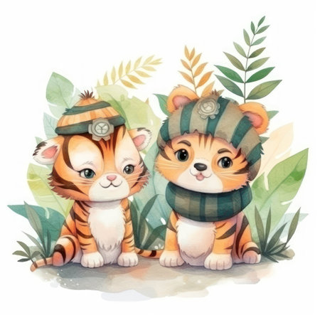 Watercolor illustration of two cute tigers in a hat and scarf.の素材
