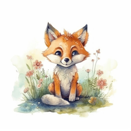 Watercolor illustration of a cute little fox sitting in the grass.の素材