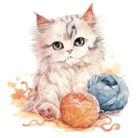 Cute kitten with a ball of yarn. watercolor illustration.の素材