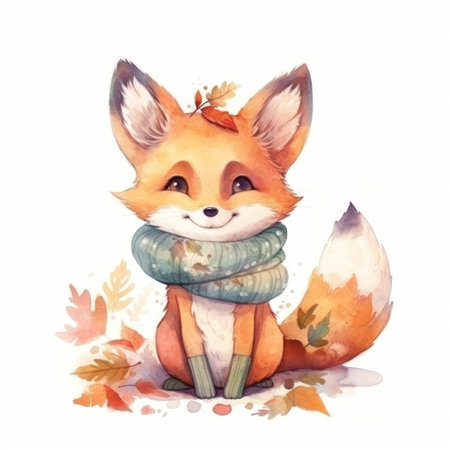 Cute watercolor fox with scarf and autumn leaves isolated on white background.の素材