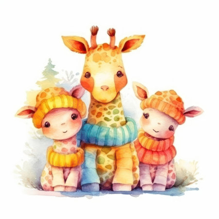 Watercolor illustration of a cute giraffe family in winter clothes.の素材