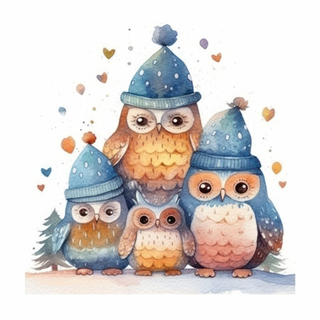 Watercolor illustration of a family of owls in winter clothes and hats.の素材