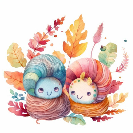 Cute watercolor illustration of a pair of snails and autumn leavesの素材