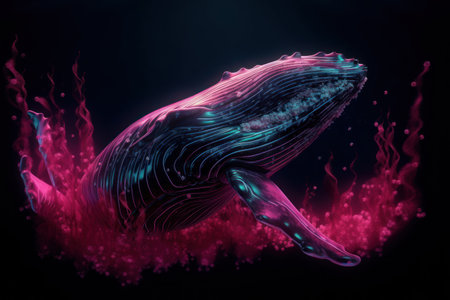 Humpback whale in red and blue flames. 3D renderingの素材