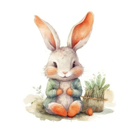 Watercolor illustration of a cute Easter bunny with basket of eggs.の素材