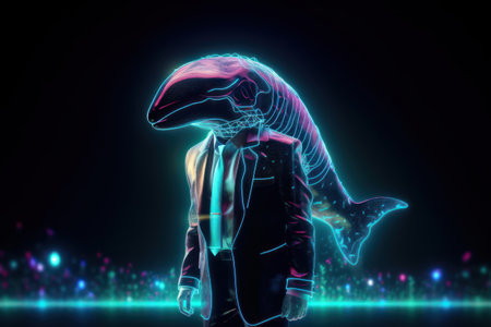 Neon holographic shark with human body on dark background. 3D renderingの素材