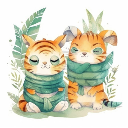 Cute cartoon tiger and tiger in scarf. watercolor illustration.の素材