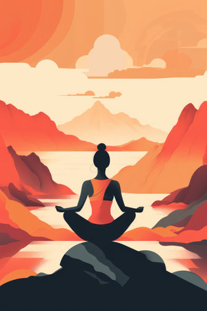 Woman meditating in yoga pose on the mountain. vector illustration.の素材