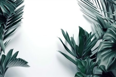 Tropical palm leaves on white background with copy space for textの素材