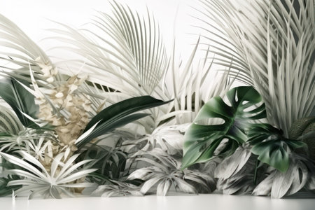 Tropical palm leaves and monstera on a white background.の素材