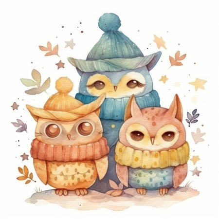 Watercolor family of owls in warm sweaters and hats.の素材