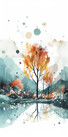 Watercolor landscape with autumn trees in the forest. vector illustration.の素材