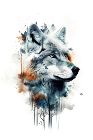 Watercolor illustration of a wolf in the forest. isolated on white backgroundの素材
