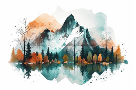 Landscape with mountains, forest and lake. digital watercolor painting.の素材