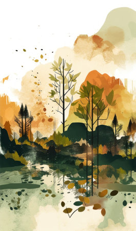 Watercolor autumn landscape with trees, lake and forest. vector illustration.の素材