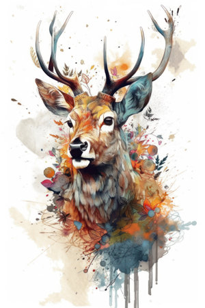 Watercolor painting of a wild deer with antlers on a grunge backgroundの素材