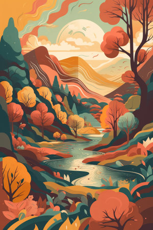 Autumn landscape with river, forest and mountains. vector illustration.の素材