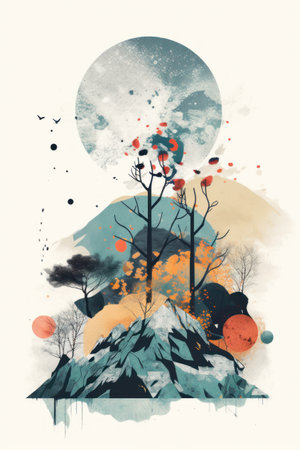Watercolor landscape with autumn trees and full moon. vector illustration.の素材