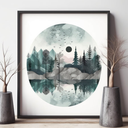 Poster mockup in modern interior with winter landscape. 3D renderingの素材