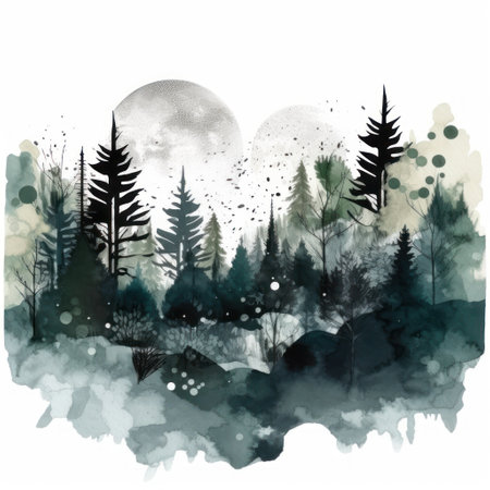 Watercolor landscape with forest and moon. hand drawn vector illustration.の素材