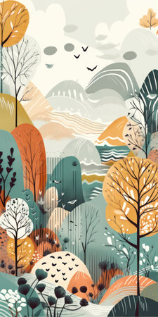 Vector illustration of autumn landscape with trees, bushes, clouds and birds.の素材