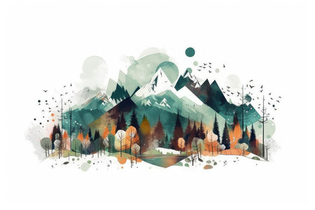 Mountain landscape with trees and mountains. hand drawn watercolor illustrationの素材