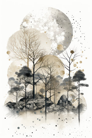 Watercolor illustration of a forest with full moon in the background.の素材