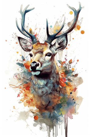 Watercolor portrait of a wild deer with antlers on a white backgroundの素材