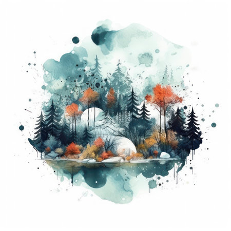 Watercolor landscape with autumn trees in the forest. hand drawn illustrationの素材