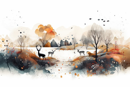 Autumn landscape with trees and deer. digital watercolor painting.の素材
