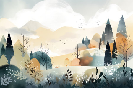 Autumn landscape with forest and mountains. Watercolor hand drawn illustration.の素材