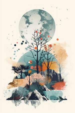 Landscape with trees and mountains on the background of the moon. vector illustration.の素材