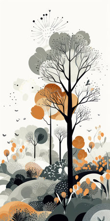 Autumn landscape with trees and bushes. hand drawn vector illustration.の素材
