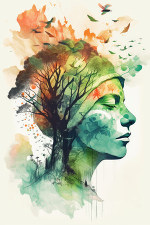 Double exposure portrait of a beautiful woman with abstract tree in her hair.の素材