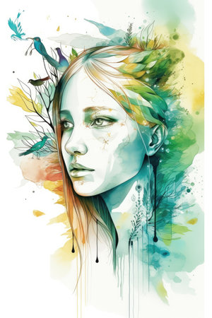 Beautiful young woman face with feathers and birds. watercolor illustration.の素材