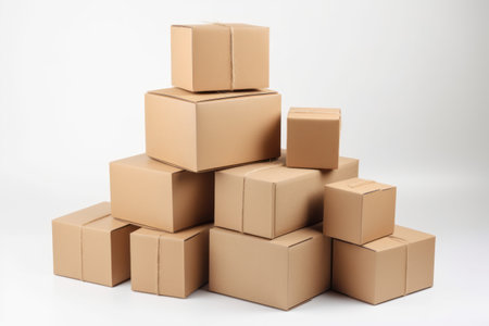 Stack of brown cardboard boxes on white background. Shallow DOFの素材
