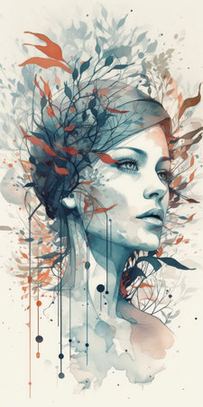 Double exposure portrait of beautiful woman with floral hairstyle, art illustrationの素材