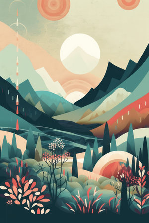 Vector illustration of landscape with mountains, trees, sun and clouds in retro styleの素材