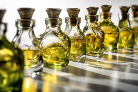 Assortment of different types of oil in glass bottles on white backgroundの素材