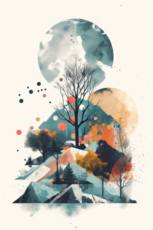 Watercolor landscape with mountains, trees and moon. vector illustration.の素材