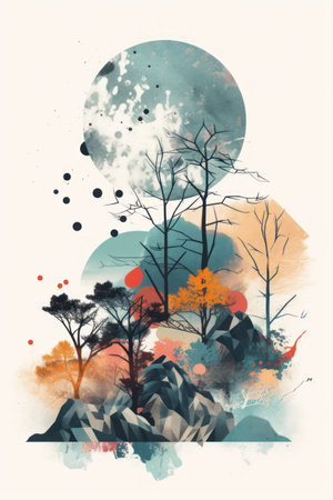 Abstract watercolor landscape with autumn trees and moon. digital art painting.の素材
