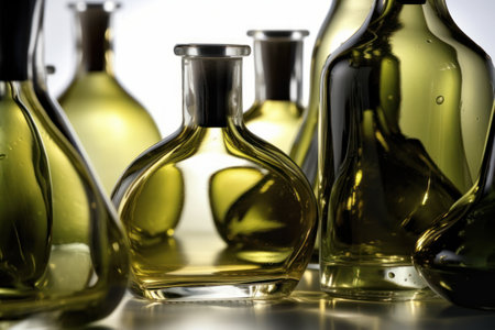 Glass bottles with olive oil on a white background. close-up.の素材