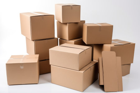 Pile of cardboard boxes on white background. Delivery and logistics conceptの素材