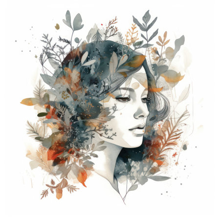 Portrait of a beautiful girl with autumn leaves. watercolor illustration.の素材