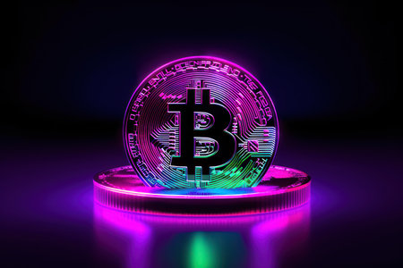 Cryptocurrency coin Bitcoin on a pedestal. 3D illustration.の素材