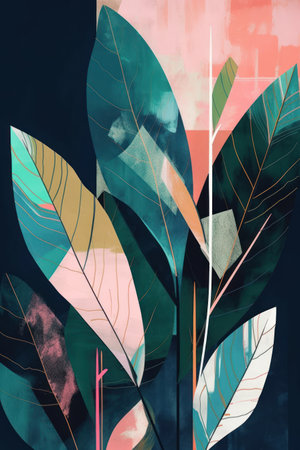 Abstract watercolor background with leaves. minimalist design. Modern art.の素材